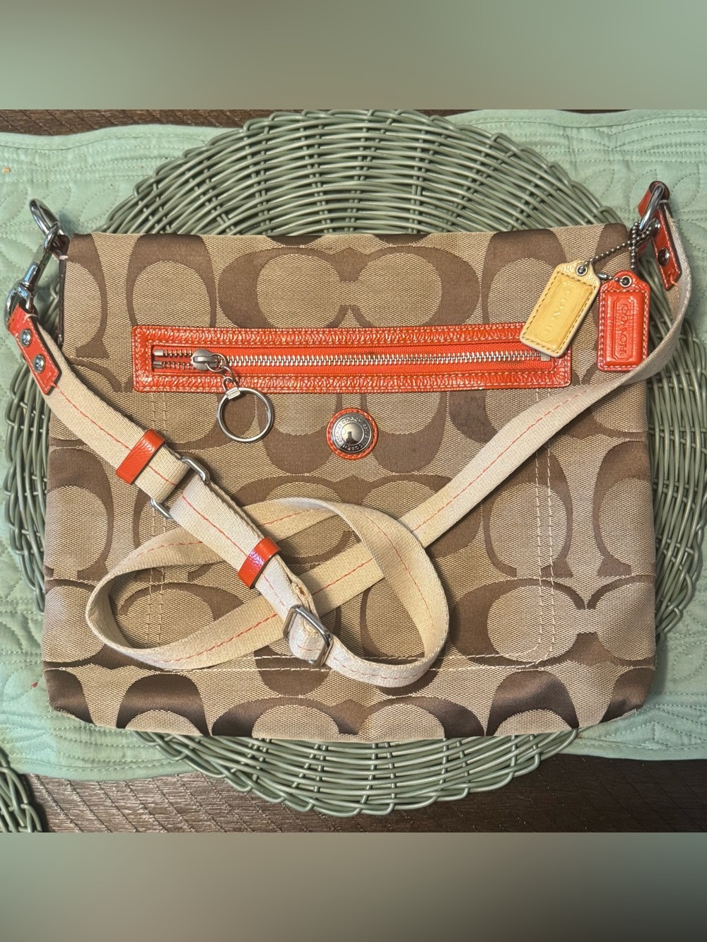 Coach Tan Signature Canvas Crossbody with Orange Accents